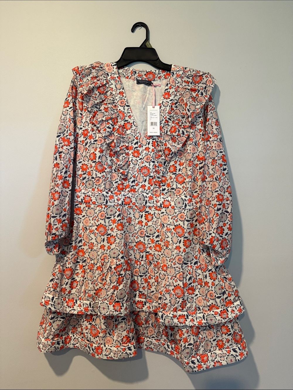 Vineyard Vines Coral and White Floral Ruffle Tiered Long Sleeve Dress
